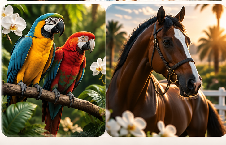 Luxury birds and horse pet marketplace imagery