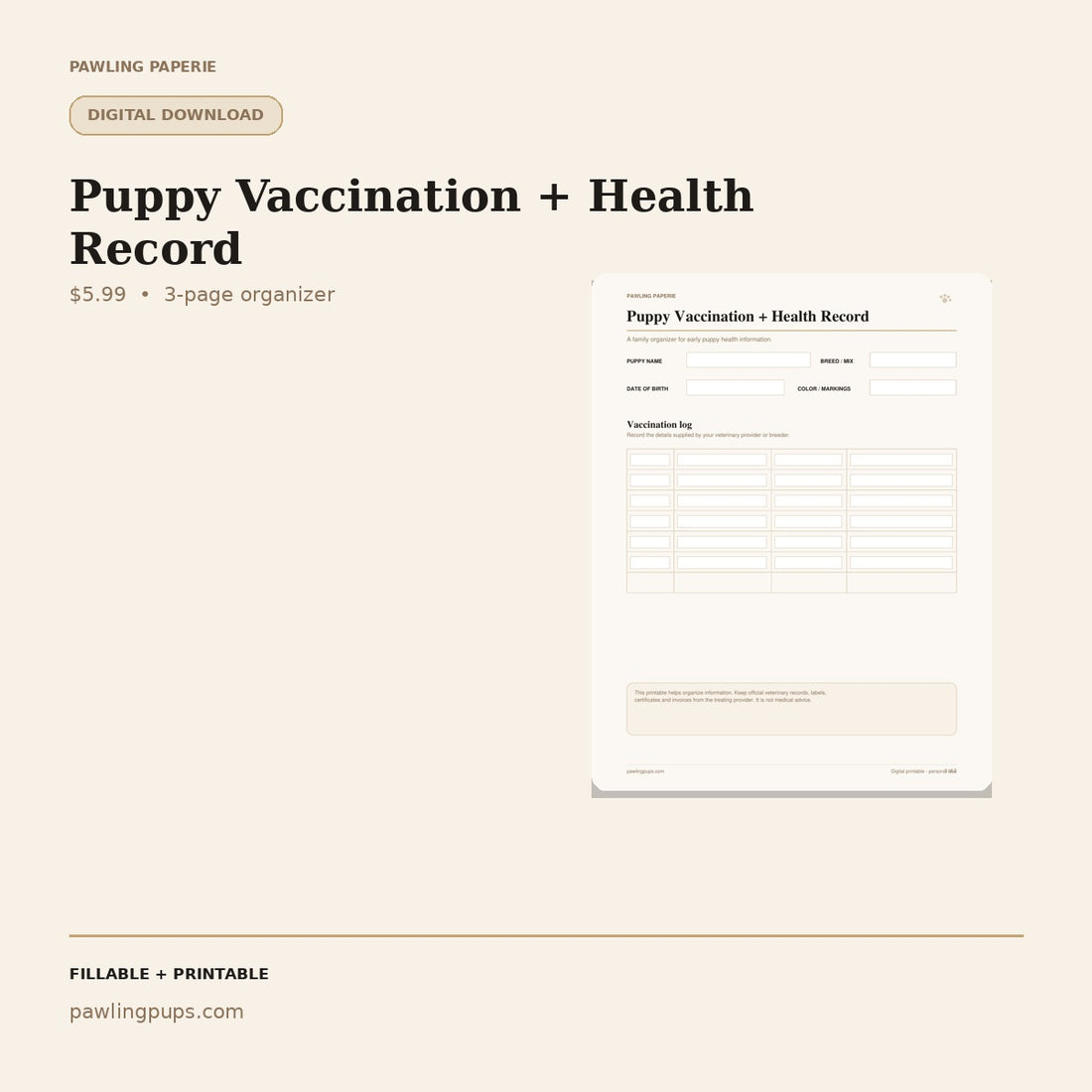 Pawling Paperie™ First-Year Puppy Health + Vaccine Tracker™