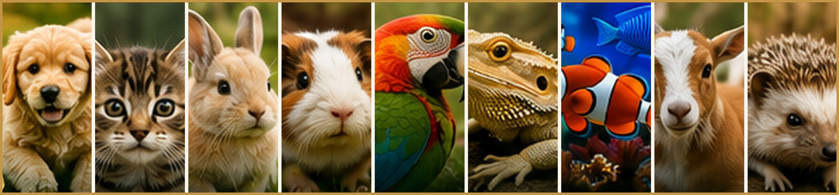 Bright collage of dogs, cats, rabbits, small animals, birds, reptiles, fish, farm animals and other pets
