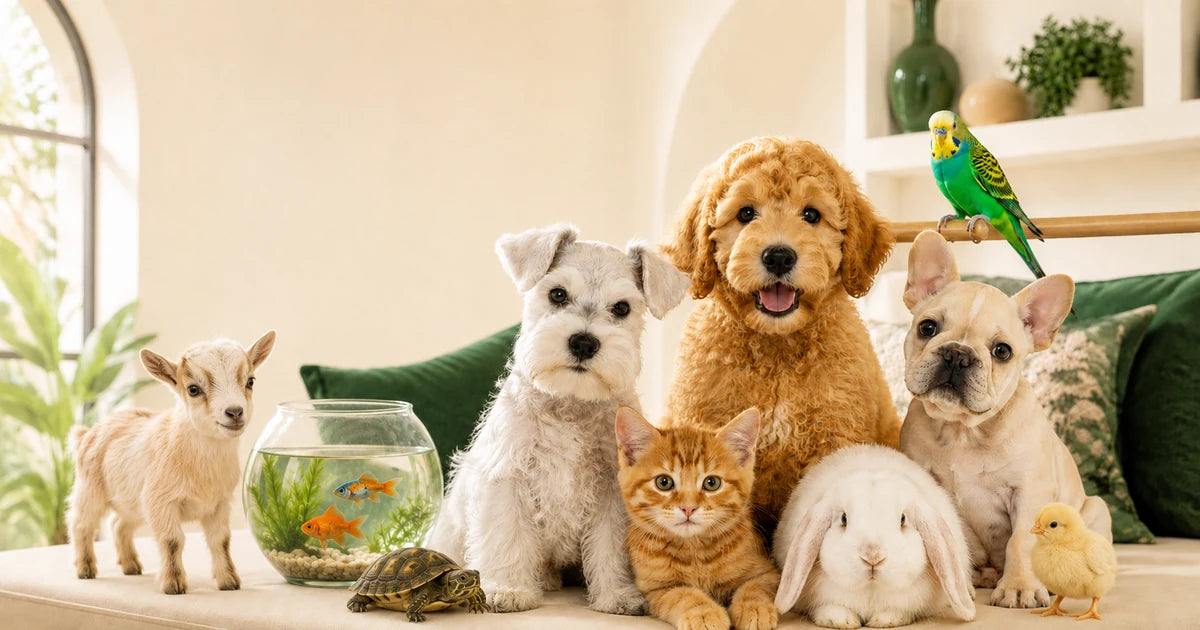 Dogs, a cat, rabbit, bird, turtle, fish, goat and chick on Pawling